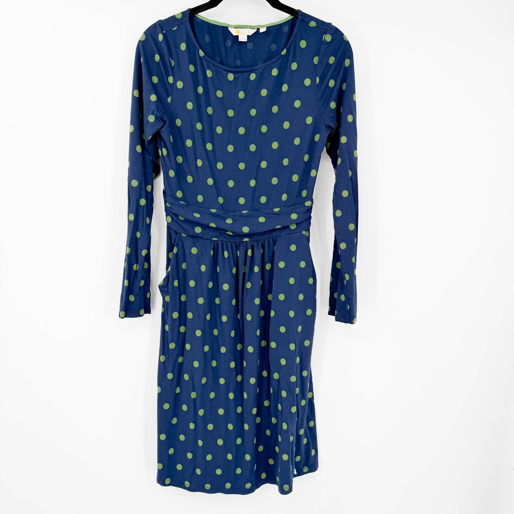Boden Womens Navy Blue Lime Green Polka Dot Jersey‎ Dress Long Sleeve Pockets 2P
